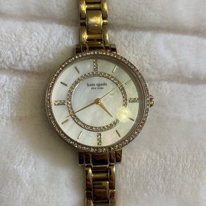 Kate Spade gold tone rhinestone mother of pearl watch